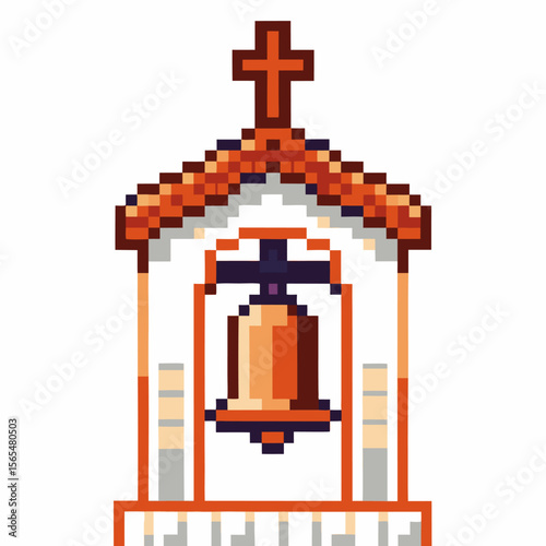Pixel art church bell with tiled roof and cross retro chapel icon with orange, brown, and white colors