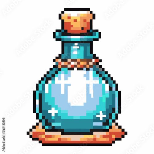 Pixel art blue potion bottle isolated on white retro gaming magic elixir, fantasy alchemy, magic item icon