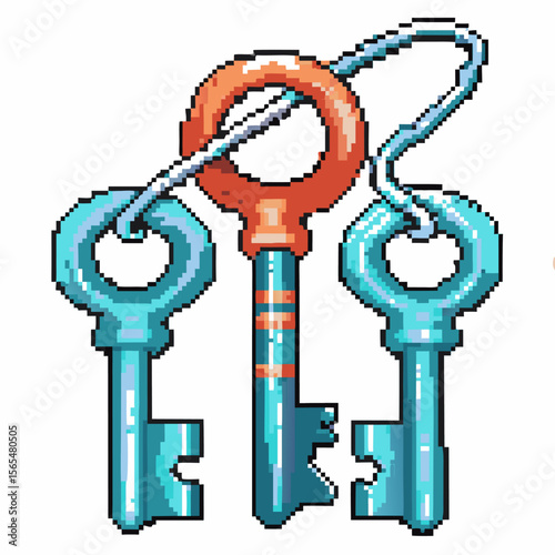 Three vintage pixel art keys with blue and red colors hanging on a keyring retro gaming, digital object concept