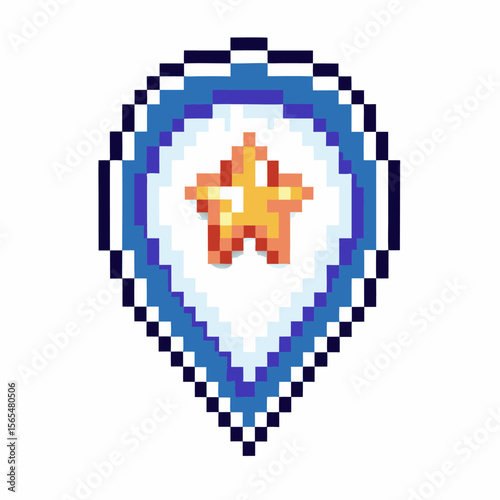 Pixelated blue location pin with golden star at center retro digital game symbol, map navigation icon, achievement concept