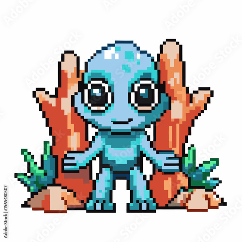 Pixel art alien creature with big eyes standing among colorful digital coral and plants, retro video game character design