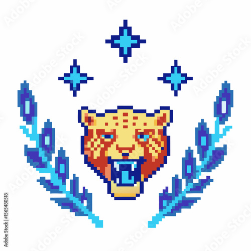 Pixel art roaring leopard head with blue stars and laurel branches, retro digital emblem or sports mascot design