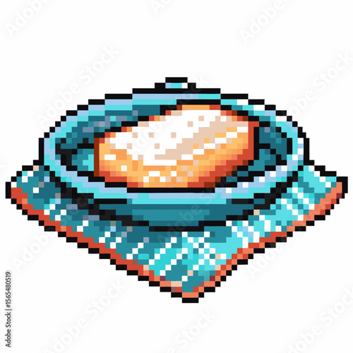 Pixel art butter pat on blue ceramic dish with patterned placemat, vintage breakfast food, retro game kitchen decor