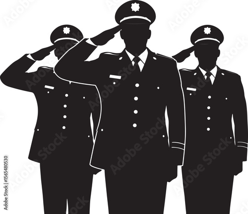 Silhouettes of three uniformed police officers saluting, representing law enforcement, patriotism, respect, authority, and public service, ideal for themes of justice and military tributes