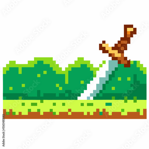 Pixelated fantasy sword in grass landscape retro video game, adventure weapon, nature scene, 8 bit digital art