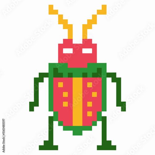 Colorful pixel art beetle with geometric body, yellow horns, and symmetrical design on white background, retro digital