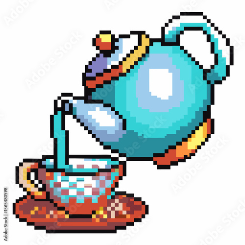 Pixel art blue teapot pouring tea into cup on saucer retro video game breakfast beverage, morning refreshment concept