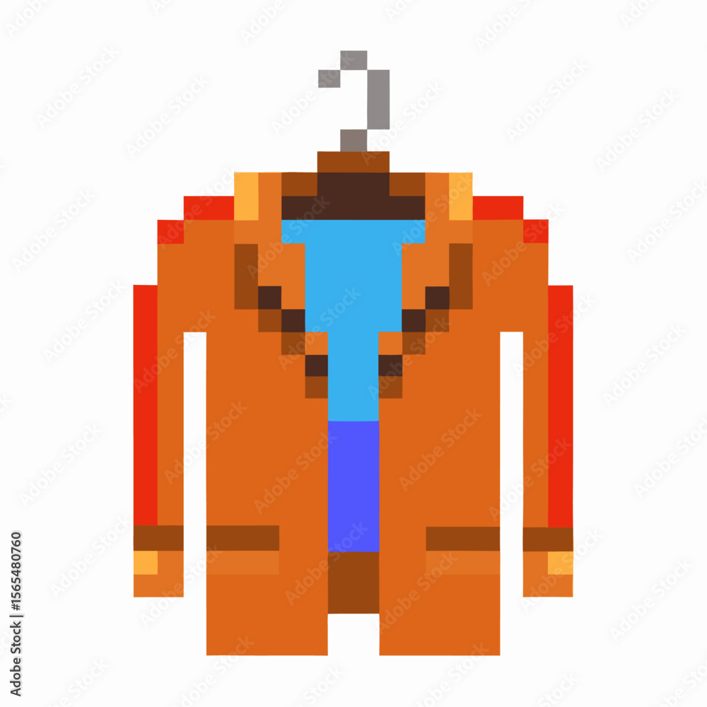 Obraz premium Pixel art orange jacket on hanger with blue shirt underneath retro fashion, vintage clothing, casual attire, isolated icon design
