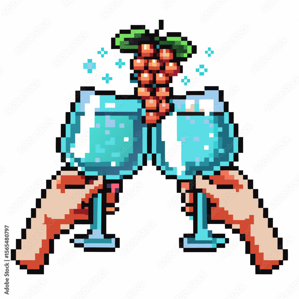 Obraz premium Pixel art hands clinking blue wine glasses, bunch of pixelated grapes above, celebration, cheers, digital retro