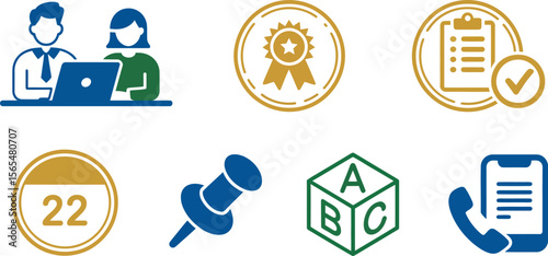 Business team collaboration and management success icons for project planning and task management