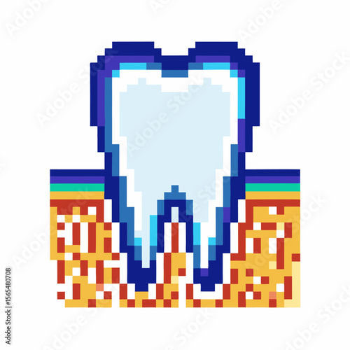 Pixel art healthy tooth and gum cross section digital illustration showing dental enamel, root, and soil in retro