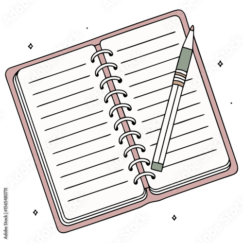 Open notebook with lines and pencil illustration for writing notes and journaling design element vector on transparent background