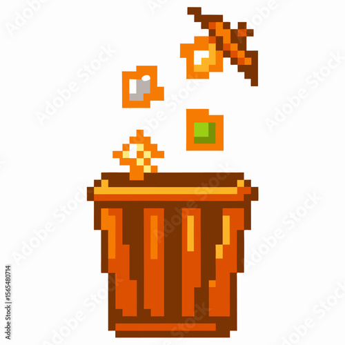 Pixel art trash can with flying digital objects retro bin, elements, waste disposal, recycling concept