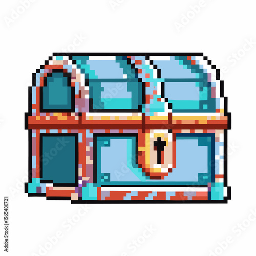Pixel art treasure chest, retro game closed blue and gold loot box, fantasy adventure reward, classic gaming icon