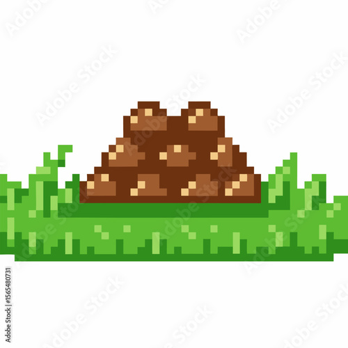 Pixel art molehill on green grass simple dirt pile with soil and lawn retro game nature background element