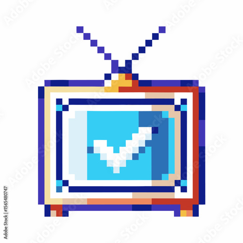 Retro pixel television with blue screen and check mark vintage 8 bit electronics, digital approval, media confirmation icon