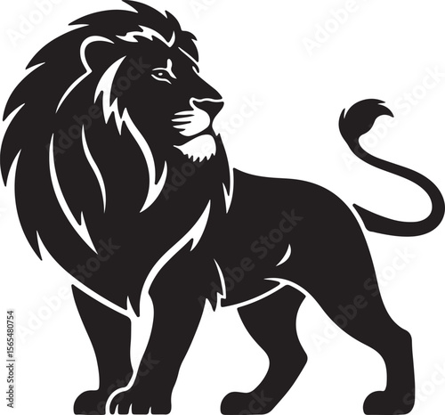 Striking black and white majestic lion standing proudly, showcasing its powerful silhouette and regal presence, ideal for branding, logos, and symbolic representations of strength