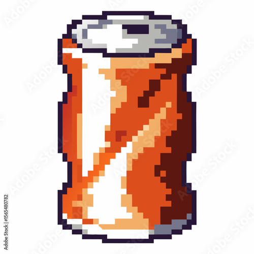 Pixel art soda can with orange and white design, isolated on transparent background retro beverage, drink, gaming illustration