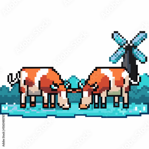 Pixel art cows grazing by water with windmill retro game style, rural farmland landscape, animals, animated countryside scene
