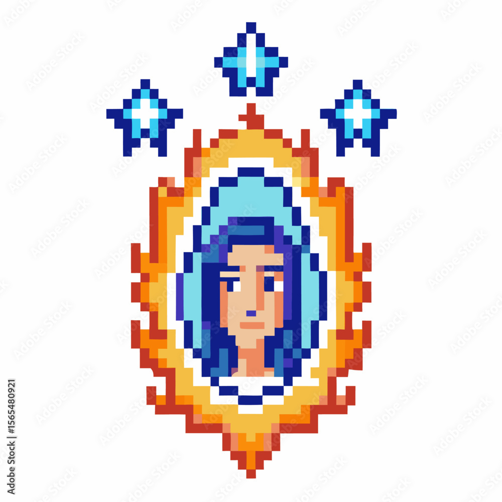 Fototapeta premium Pixel art portrait of woman with blue hair and halo of flames, surrounded by glowing stars on a white background