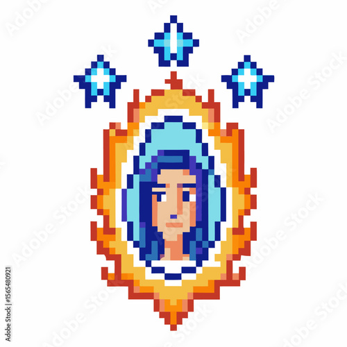 Pixel art portrait of woman with blue hair and halo of flames, surrounded by glowing stars on a white background