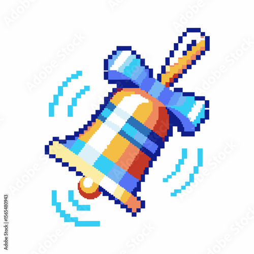 Pixel art ringing golden bell with blue ribbon vibrant retro icon, digital vintage game concept, notification alert symbol