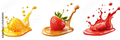 Cutout of set of 3 subjects, mango sauce, strawberry sauce, and caramel sauce, Artistic Sauce Splash Concepts, isolated on a PNG transparent background