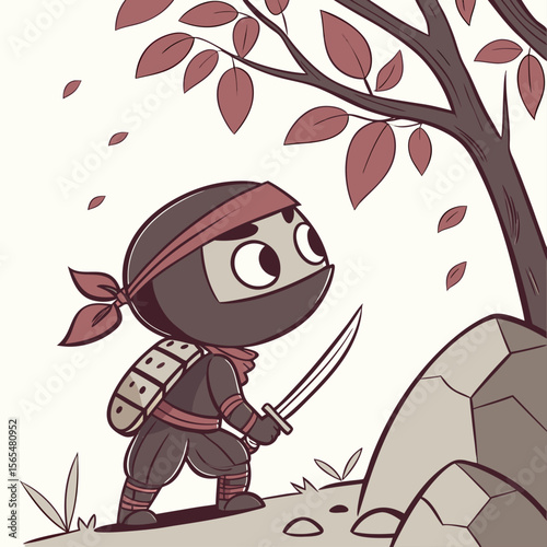 Cute Cartoon Ninja with Sword Hiding Behind Rock Under Tree – Stealth Warrior Illustration