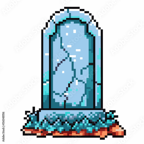 pixel art gravestone with cracked stone and blue moss retro video game element, digital cemetery, halloween spooky asset