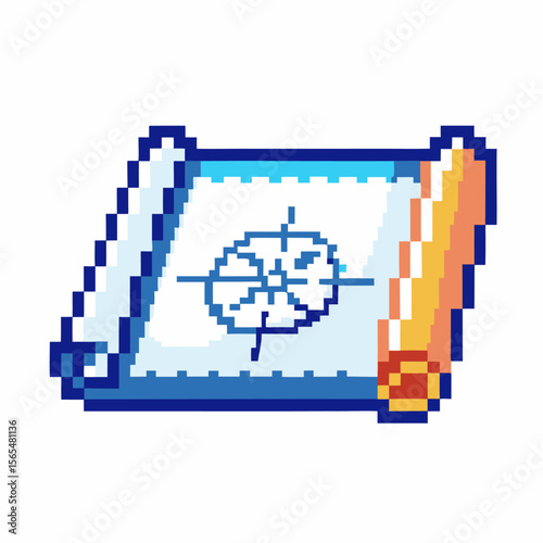 Pixel art blueprint with architectural plan, rolled parchment edges, and detailed technical drawing, retro design concept