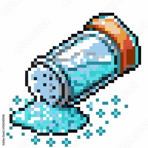 Pixel art salt shaker pouring granules retro spilled seasoning, vintage kitchenware, culinary ingredient concept
