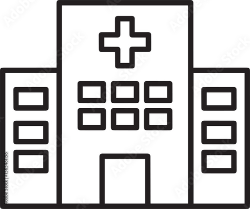 A clear outline icon of a hospital building featuring a prominent cross symbol, representing healthcare, medical facilities, emergency services, and general health-related infrastructure