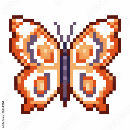 Pixel art butterfly with geometric orange, brown, and cream patterns retro digital insect illustration on white background