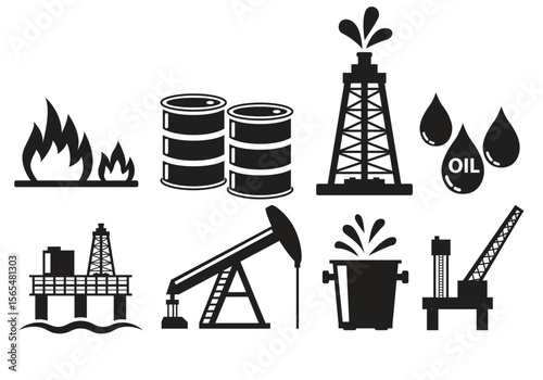 Collection of stylized graphic icons representing various elements and equipment found in the oil and gas industry suitable for digital and print media
