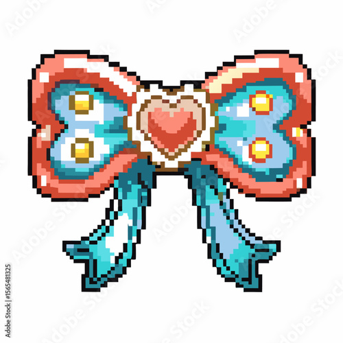 Pixel art heart shaped bow in pastel colors cute retro accessory for games, girly fun, kawaii and fashion