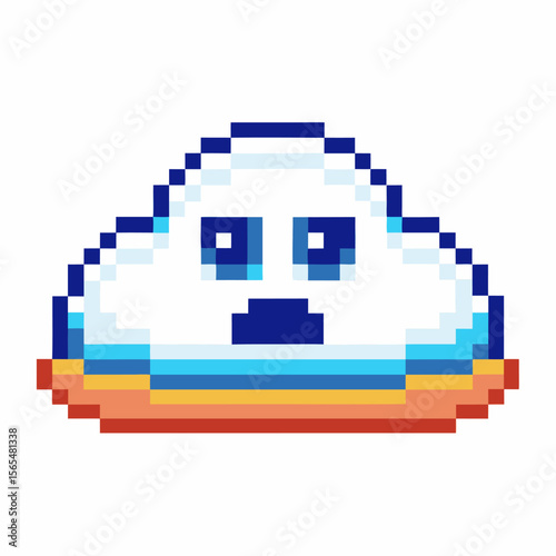 Sad pixelated cloud with blue eyes and orange outline on white background retro digital style, nostalgic expression
