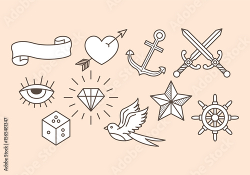 Collection of classic american traditional tattoo flash art designs featuring iconic imagery like anchors roses skulls and swallows rendered in bold lines and vibrant colors