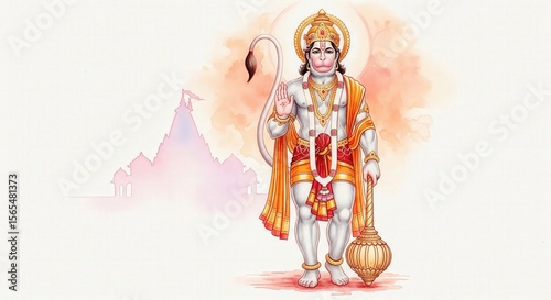 Watercolor Hanuman Ji with Temple Background – Desktop Wallpaper