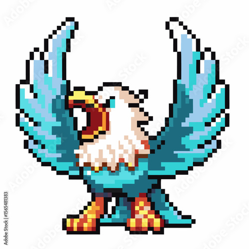 Pixel art eagle with wings spread, retro video game fierce mythical bird, blue and white feathers, vintage fantasy animal