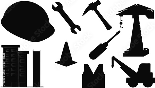 A vector illustration of a tool set with hammer, saw, screwdriver, wrench, and pliers icons