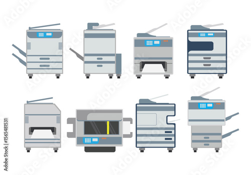 Collection of retro and modern photocopier illustrations featuring various office equipment and technology elements