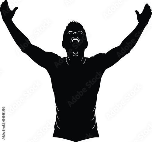 Silhouette of a man with arms raised in celebration and shouting