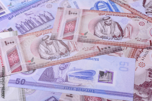 Photography UAE money, dirham, paper banknotes, cash. Emirates money
