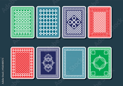 Classic playing card back design with intricate geometric patterns and ornamental flourishes in vibrant cmyk colors