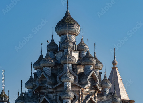 The Kizhi Pogost ensemble – domes of wooden churche of the Transfiguration of the Lord, a UNESCO World Heritage Site on Kizhi Island in Karelia