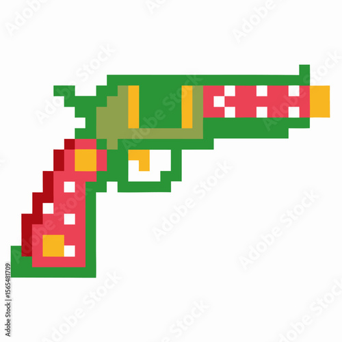 Pixel art toy gun illustration in green, pink, yellow, and white colors retro digital gaming design, isolated