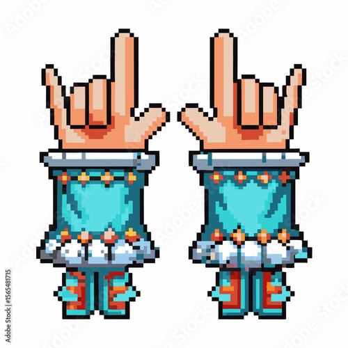 Pixel art hands making rock and roll gesture in blue sleeves retro digital music symbol, festival celebration, vintage gaming