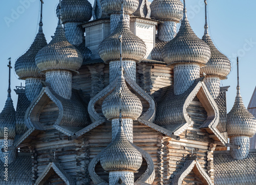 The Kizhi Pogost ensemble – domes of wooden churche of the Transfiguration of the Lord, a UNESCO World Heritage Site on Kizhi Island in Karelia