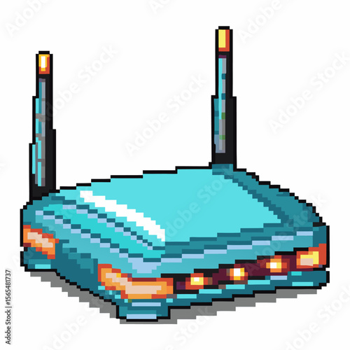 Pixel art wireless router with antennas and indicator lights retro digital device for internet connectivity, technology communication