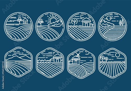 Collection of stylized flat design icons representing various stages and elements of rice cultivation farming and agriculture